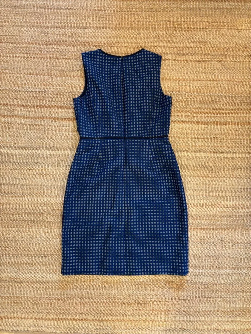 J Crew Navy Blue Print Sheath Sleeveless Dress with Navy Piping